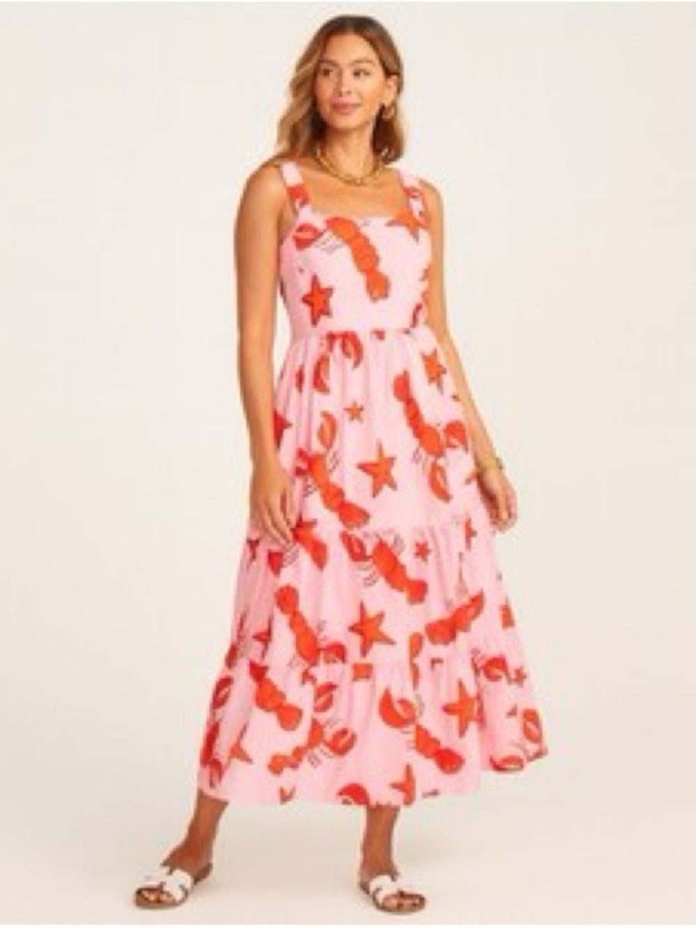 J. Crew Pink Maxi Dress with Red Sea Life Print coastal vacation romantic